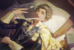 Rule 34 | 1boy, bed, black hair, black jacket, book, capelet, claude von riegan, closed mouth, cowboy shot, earrings, fire emblem, fire emblem: three houses, garreg mach monastery uniform, green eyes, highres, holding, holding book, jacket, jewelry, kkia, long sleeves, looking at viewer, lying, male focus, nintendo, on back, pillow, short hair, single earring, smile, solo, yellow capelet