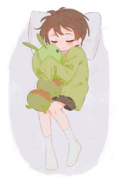 Rule 34 | 1boy, absurdres, black shorts, brown hair, chinese commentary, closed eyes, closed mouth, commentary request, green shirt, highres, holding, holding stuffed toy, isoi haruki, long sleeves, male focus, no shoes, ochaocha, on bed, pillow, saibou shinkyoku, shirt, short hair, shorts, sleeping, sleeves past fingers, sleeves past wrists, smile, socks, solo, stuffed animal, stuffed toy, white socks