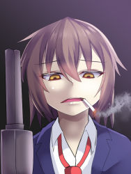 Rule 34 | 10s, 1girl, bad id, bad pixiv id, brown hair, cigarette, collared shirt, empty eyes, frown, kantai collection, name connection, necktie, okuri banto, open mouth, shirt, short hair, smoke, smoking, solo, turret, upper body, wakaba (kancolle), yellow eyes