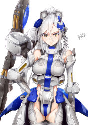 Rule 34 | 1girl, breasts, dated, gundam, gundam wing, gundam wing endless waltz, hand on own hip, highres, i.takashi, long hair, mecha musume, medium breasts, personification, ponytail, scowl, skin tight, solo, tallgeese iii, white background, white hair, yellow eyes