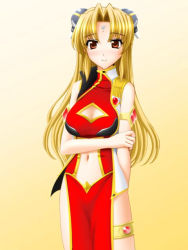 Rule 34 | 00s, 1girl, bare legs, blonde hair, bracelet, breasts, brown eyes, cleavage cutout, clothing cutout, dress, facial mark, forehead mark, galaxy angel, gradient background, hair ornament, hairclip, jewelry, large breasts, long hair, looking at viewer, navel cutout, pelvic curtain, ranpha franboise, side slit, simple background, solo, thighlet, very long hair