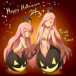 Rule 34 | 10s, 2013, 2girls, ahoge, alternate color, arm grab, blush, breasts, censored, claws, collarbone, convenient censoring, creatures (company), flat chest, game freak, gen 6 pokemon, gourgeist, hair over breasts, hair over one eye, halloween, happy halloween, jack-o&#039;-lantern, keizoo, licking lips, long hair, looking at viewer, midriff, monster girl, multiple girls, naughty face, navel, nintendo, personification, pink hair, pokemon, prehensile hair, pumpkin, shiny skin, small breasts, tongue, tongue out, topless, trick or treat, very long hair, yellow eyes