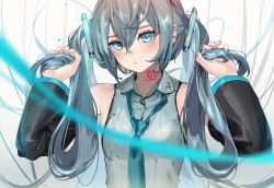 Rule 34 | 1girl, bare shoulders, blue eyes, blue hair, blurry, blush, breasts, collared shirt, depth of field, detached sleeves, hair between eyes, hair ornament, hatsune miku, highres, holding, holding own hair, long hair, looking at viewer, necktie, nik ibi, shirt, sleeveless, small breasts, solo, twintails, upper body, vocaloid, white background