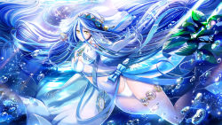 Rule 34 | 1girl, azura (fire emblem), bare legs, blue hair, bow, breasts, bubble, commentary request, detached sleeves, dress, feet out of frame, fire emblem, fire emblem fates, gloves, hair between eyes, hair ornament, highres, long hair, medium breasts, nintendo, panties, plant, sidelocks, solo, thighlet, tongari, underwater, underwear, veil, very long hair, white dress, white gloves, white panties, yellow eyes