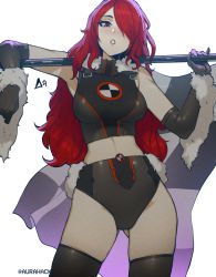 Rule 34 | 1girl, :o, aurahack, black gloves, breasts, character request, crop top, elbow gloves, flag, fur trim, gloves, gluteal fold, head tilt, highres, holding, holding flag, kirijou mitsuru, looking down, medium breasts, one eye covered, open mouth, persona, persona 3, race queen, skin tight, solo, thighhighs