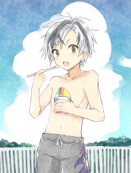 Rule 34 | 1boy, black hair, black male swimwear, blue sky, brown eyes, cloud, cloudy sky, collarbone, cup, day, disposable cup, fang, food, grey hair, holding, holding cup, kamiyoshi rika, looking at viewer, male focus, male swimwear, multicolored hair, navel, nijisanji, open mouth, outdoors, railing, shaved ice, sky, solo, standing, streaked hair, suzuki masaru, sweat, swim trunks, v-shaped eyebrows, virtual youtuber
