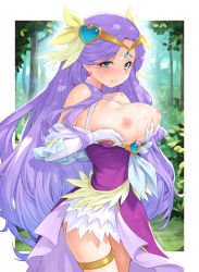 Rule 34 | 1girl, blue eyes, breast hold, breasts, commentary request, cure earth, earrings, forest, fuurin asumi, gloves, healin&#039; good precure, heart, highres, jewelry, kazuma muramasa, large breasts, bridal garter, long hair, looking at viewer, magical girl, nature, nipples, outdoors, precure, purple hair, solo, sweat, white gloves
