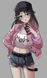 Rule 34 | 1girl, absurdres, baseball cap, belt, bespectacled, black belt, black hair, blue eyes, blue shorts, blush, cellphone, commentary request, cowboy shot, cutoffs, denim, denim shorts, glasses, grey background, hand on own hip, hat, highres, holding, holding phone, idolmaster, idolmaster shiny colors, jacket, midriff, mitsumine yuika, multicolored nails, nail polish, navel, open clothes, open jacket, open mouth, phone, pink jacket, pink nails, purple nails, revealing clothes, shirt, short shorts, shorts, simple background, smartphone, solo, sweatdrop, tanakara, white shirt, yellow nails