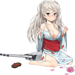 Rule 34 | 1girl, animal print, breasts, brown eyes, cleavage, collarbone, conte di cavour (kancolle), conte di cavour nuovo (kancolle), cotton candy, fish, fish print, full body, goldfish, goldfish print, japanese clothes, jiji (aardvark), kantai collection, kimono, large breasts, long hair, long sleeves, official alternate costume, official art, sandals, unworn sandals, silver hair, sitting, transparent background, turret, two side up, wariza, yukata