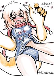 Rule 34 | &gt; &lt;, 10s, 1girl, :d, ahoge, blue one-piece swimsuit, blush, breasts, claws, closed eyes, crotch, dutch angle, gameplay mechanics, hand on another&#039;s stomach, hand under clothes, hands up, happy, heart, hip focus, laughing, liza (monster musume), lizard tail, medium breasts, monster girl, monster musume no iru nichijou, monster musume no iru nichijou online, nose blush, old school swimsuit, one-piece swimsuit, open mouth, orange hair, outstretched arm, parted bangs, pov, raised eyebrows, red scarf, reptile girl, scarf, school swimsuit, school swimsuit flap, shake-o, simple background, sketch, smile, solo focus, spoken heart, spread legs, swimsuit, tail, text focus, thighs, traditional media, translation request, twitter username, white background, xd