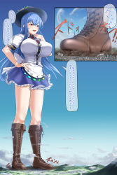 Rule 34 | 1girl, bare legs, black hat, blue hair, blue skirt, boots, breasts, brown footwear, collared shirt, cross-laced footwear, frilled skirt, frills, giant, giantess, hair between eyes, hand on own hip, hat, highres, hinanawi tenshi, knee boots, lace-up boots, long hair, mountain, open mouth, outdoors, rakia (ds00309), shirt, shorts, skirt, smile, solo, speech bubble, stepping, touhou, translation request, very long hair, white shirt