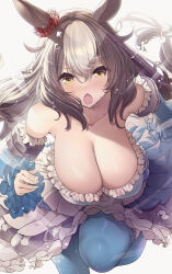Rule 34 | 1girl, absurdres, animal ears, bare shoulders, blush, breasts, brown hair, cleavage, collarbone, commentary request, detached sleeves, ear scrunchie, grey background, hair between eyes, highres, horse ears, horse girl, large breasts, long hair, looking at viewer, open mouth, red scrunchie, running, scrunchie, simple background, solo, sweat, thomasz, umamusume, yamanin zephyr (umamusume), yellow eyes
