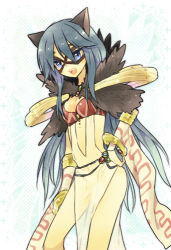 Rule 34 | 1girl, animal ears, ark kan, bangle, bikini, bikini top only, blue eyes, blue hair, bracelet, breasts, cat ears, commentary request, detached sleeves, dress, eye mask, feet out of frame, fur collar, goinkyo, hand on own hip, jewelry, long hair, looking at viewer, lowres, medium breasts, open mouth, ragnarok online, red bikini, see-through, see-through dress, solo, sorcerer (ragnarok online), swimsuit, white dress, white sleeves
