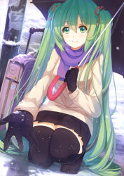 Rule 34 | 1girl, black gloves, black thighhighs, gloves, green eyes, green hair, hair ribbon, hatsune miku, long hair, matching hair/eyes, outstretched arm, purple scarf, ribbon, rizky (strated), scarf, skirt, smile, snow, snowing, solo, squatting, thighhighs, twintails, umbrella, very long hair, vocaloid
