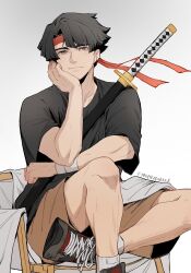 Rule 34 | 1boy, ace attorney, alternate costume, beiqi0405, black footwear, black hair, black shirt, brown shorts, chair, chinese commentary, closed mouth, commentary request, contemporary, grey eyes, hand on own chin, hand up, head rest, headband, highres, katana, kazuma asogi, male focus, red headband, sheath, sheathed, shirt, shoes, short hair, short sleeves, shorts, sitting, smile, sneakers, solo, sword, t-shirt, the great ace attorney, weapon