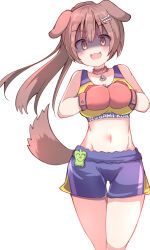 Rule 34 | 1girl, :d, absurdres, animal ears, blue shorts, blush, bone hair ornament, boxing gloves, breasts, brown eyes, brown hair, cartoon bone, cleavage, collar, collarbone, commentary request, dog ears, dog girl, dog tail, fangs, feet out of frame, groin, hair between eyes, hair ornament, highres, hololive, inugami korone, long hair, looking at viewer, medium breasts, navel, open mouth, ponytail, red collar, shaded face, short shorts, shorts, simple background, smile, solo, standing, tail, umberblack, very long hair, virtual youtuber, white background