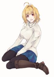 Rule 34 | 1girl, arcueid brunestud, black pantyhose, blonde hair, blue skirt, blush, boots, breasts, hair intakes, highres, large breasts, long sleeves, looking at viewer, pantyhose, red eyes, rolling anco, short hair, simple background, sitting, skirt, smile, solo, sweater, thighs, tsukihime, tsukihime (remake), turtleneck, turtleneck sweater, white background, white sweater