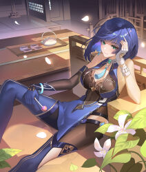 Rule 34 | 1girl, absurdres, aqua eyes, asymmetrical gloves, bare shoulders, blue gloves, blue hair, breasts, cleavage, commentary request, cup, elbow gloves, feet out of frame, fingerless gloves, genshin impact, gloves, highres, indoors, large breasts, leggings, lingdu han, looking at viewer, mismatched gloves, pants, purple lips, short hair, sitting, smile, solo, teacup, teapot, white gloves, yelan (genshin impact)