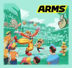 Rule 34 | 3girls, 6+boys, aqua background, arms (game), candy, clown, clown nose, cobushii (arms), commentary request, crowd, food, gloves, highres, juggling, logo, lola pop, mask, multicolored hair, multiple boys, multiple girls, nintendo, no pupils, official art, orange hair, road, shirt, standing, standing on one leg, street, t-shirt, two-tone hair, white gloves, wrapped candy, yamamoto yuu