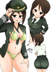 Rule 34 | 1girl, absurdres, adjusting clothes, adjusting headwear, all fours, ass, between breasts, bikini, bikini under clothes, black eyes, black footwear, black hair, black neckerchief, breasts, character name, chouno ami, cleavage, closed mouth, dress shirt, epaulettes, female service cap, flats, foreshortening, from above, from behind, girls und panzer, green bikini, green headwear, green jacket, green skirt, groin, hand on own thigh, hands on own hips, hat, highres, insignia, jacket, japan ground self-defense force, japan self-defense force, leaning forward, long sleeves, looking at viewer, looking back, medium breasts, military, military hat, military uniform, miniskirt, multiple views, navel, neckerchief, no pants, o-ring, o-ring bikini, open clothes, open jacket, open mouth, pencil skirt, shirt, simple background, skindentation, skirt, smile, standing, swept bangs, swimsuit, thighs, translated, uniform, white background, white shirt, wing collar, yogurt bakudan