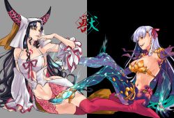 Rule 34 | 2girls, black hair, boots, demon horns, earrings, fate/grand order, fate (series), flower, high heel boots, high heels, highres, horns, jewelry, kama (fate), kama (third ascension) (fate), long hair, lotus, multiple girls, necklace, nun, open clothes, red eyes, revealing clothes, sessyoin kiara, tattoo, tsuyuriyuihushimi, white hair, yellow eyes
