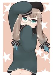 Rule 34 | 1other, :&gt;, arm up, beret, black bow, black hat, black sailor collar, blue hair, blush, bow, brown background, brown hair, captain nemo (fate), closed mouth, dress, fate/grand order, fate (series), glasses, gradient hair, green dress, green eyes, hair bow, hat, highres, i.u.y, long hair, long sleeves, looking at viewer, multicolored hair, nemo (fate), professor nemo (fate), round eyewear, sailor collar, sailor dress, sleeves past fingers, sleeves past wrists, solo, star (symbol), starry background, striped, striped bow, twintails, two-tone background, white background