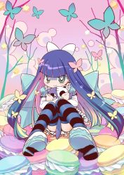 Rule 34 | 10s, 1girl, amimi, bug, butterfly, colored inner hair, cookie, food, frills, green eyes, honekoneko (psg), insect, macaron, multicolored hair, panty &amp; stocking with garterbelt, pigeon-toed, sitting, smile, solo, stocking (psg), striped clothes, striped thighhighs, thighhighs, two-tone hair