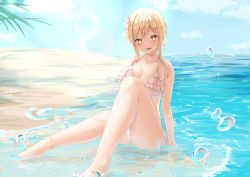 Rule 34 | 1girl, absurdres, alternate breast size, anklet, bare shoulders, barefoot, beach, bikini, blonde hair, blue sky, breasts, cleavage, cloud, day, flower, frilled bikini, frills, genshin impact, hair flower, hair ornament, highres, horizon, jewelry, knee up, large breasts, looking at viewer, lower teeth only, lumine (genshin impact), ocean, open mouth, outdoors, painnico, palm tree, sand, short hair with long locks, sitting, sky, smile, solo, swimsuit, teeth, thighs, tree, water, water drop, yellow eyes