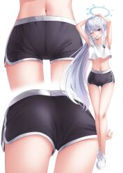 Rule 34 | 1girl, absurdres, adjusting hair, armpits, ass, black shorts, blue archive, blue halo, blush, closed mouth, collarbone, dolphin shorts, fingernails, grey hair, halo, highres, long hair, miyako (blue archive), mouth hold, multiple views, navel, one eye closed, ponytail, purple eyes, shira jun, shoes, shorts, simple background, tank top, white background, white footwear, white tank top