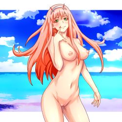 Rule 34 | 10s, 1girl, aqua eyes, breasts, cleft of venus, completely nude, darling in the franxx, finger to mouth, hairband, horns, legs apart, long hair, looking at viewer, medium breasts, nike (0306), nipples, nude, pink hair, pussy, smile, solo, standing, uncensored, white hairband, zero two (darling in the franxx)