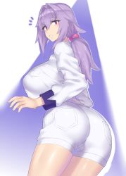 Rule 34 | 1girl, ass, back, blush, breasts, cowboy shot, from behind, highres, kanata (evuoaniramu), large breasts, light purple hair, long hair, looking at viewer, looking back, low ponytail, mizuumi (bb), open mouth, original, ponytail, purple eyes, purple hair, simple background, solo, standing, thighs