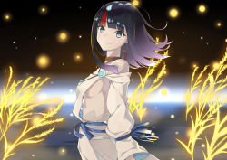 Rule 34 | 1girl, absurdres, bare shoulders, black hair, blue eyes, blue ribbon, blunt bangs, blush, breasts, bug, closed mouth, collarbone, commentary, dress, fate/grand order, fate/requiem, fate (series), firefly, highres, insect, large breasts, long sleeves, looking at viewer, magatama, medium hair, multicolored hair, off shoulder, pillow (blackpirou), red hair, ribbon, seigaiha, short dress, sideboob, sidelocks, smile, streaked hair, two-sided fabric, two-sided skirt, utsumi erice, water, white dress