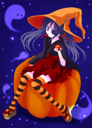 Rule 34 | 00s, 1girl, alternate costume, blue background, eyepatch, gintama, halloween, hat, pumpkin, sandals, sitting, solo, striped clothes, striped thighhighs, thighhighs, witch hat, yagyuu kyuubei