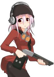 Rule 34 | 1girl, cosplay, crossover, explosive, gun, hangaku, headphones, highres, nitroplus, pink hair, red soldier (tf2), shotgun, soldier (tf2), solo, super sonico, team fortress 2, the soldier (cosplay), transparent background, weapon