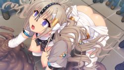 Rule 34 | 1girl, ass, black bow, bow, braid, breasts, elbow gloves, embarrassed, female focus, game cg, gensei shinki lineage, gloves, grey hair, hair bow, hair ornament, humiliation, long hair, multiple boys, nipples, nose hook, open mouth, purple eyes, short sleeves, solo focus, thighhighs, tieruna aeruraido surone, trapped, triangle (company), white bow, white gloves, white thighhighs