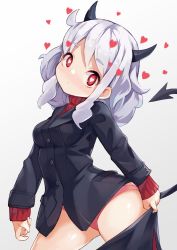 Rule 34 | 1girl, aged down, black suit, blush, breasts, demon girl, demon horns, demon tail, formal, heart, heart-shaped pupils, helltaker, highres, horns, kobi (piliheros2000), long sleeves, looking at viewer, modeus (helltaker), red eyes, red sweater, shirt, short hair, sleeves past wrists, solo, suit, sweater, symbol-shaped pupils, tail, white hair