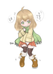 Rule 34 | 1girl, ahoge, artist request, between legs, black thighhighs, blush, boots, brown hair, child, coat, green eyes, hand between legs, have to pee, looking down, open mouth, original, pleated skirt, scarf, simple background, skirt, snow boots, solo, tears, teeth, text focus, thighhighs, white background, winter clothes, winter coat, zettai ryouiki