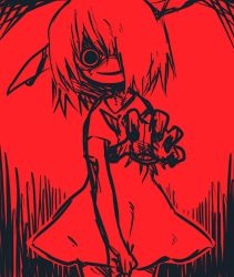 Rule 34 | 1girl, androgynous, blood, bloody tears, dress, evil smile, female focus, foreshortening, head tilt, highres, knife, kushizashi-chan, looking at viewer, mikan (ama no hakoniwa), monochrome, open mouth, reaching, reaching towards viewer, red theme, short sleeves, smile, solo, standing, yandere