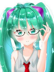 Rule 34 | 1girl, adapted costume, aqua eyes, aqua hair, bare arms, bare shoulders, bespectacled, black-framed eyewear, blush, closed mouth, collared shirt, commentary, cropped torso, dress shirt, female focus, glasses, hair between eyes, hatsune miku, highres, long hair, looking at viewer, matching hair/eyes, necktie, no detached sleeves, persona-izanagi, portrait, red necktie, semi-rimless eyewear, shirt, simple background, sleeveless, sleeveless shirt, smile, solo, twintails, under-rim eyewear, vocaloid, white background, white shirt
