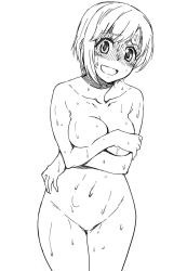 Rule 34 | 1girl, aiba yumi, blush, collarbone, covering privates, covering breasts, crossed arms, embarrassed, greyscale, highres, hisakawa chin, idolmaster, idolmaster cinderella girls, monochrome, monochrome, no pussy, nude, open mouth, short hair, wet