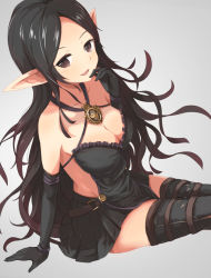 Rule 34 | 1girl, arm support, backless outfit, bare shoulders, black hair, blush, breasts, brown eyes, cleavage, collarbone, cowboy shot, criss-cross halter, elbow gloves, elf, female focus, gloves, gotaishu, halterneck, halterneck, hand on own chin, large breasts, long hair, looking at viewer, multicolored hair, open mouth, original, pleated skirt, pointy ears, raikou (gotaishu), simple background, sitting, skirt, smile, solo, thigh strap, thighhighs, very long hair