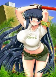 Rule 34 | 1girl, armband, arms up, baton (weapon), belt, black hair, blue eyes, blue hair, blunt bangs, blush, breasts, clothes writing, comiket, crop top, day, glasses, grass, huge breasts, kazumi yoshiyuki, leaning forward, long hair, matching hair/eyes, midriff, nature, outdoors, shirt, shorts, side slit, side slit shorts, sky, smile, solo, standing, t-shirt, tokyo big sight, very long hair, weapon