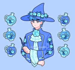 Rule 34 | 1boy, animification, ascot, backstreet boys, blue ascot, blue eyes, blue flower, blue hair, blue hat, blue jacket, blue shirt, blue theme, buttons, clenched hand, closed mouth, collared jacket, commentary, cropped torso, crossed arms, emily kim, english commentary, expressionless, flower, flower brooch, frilled sleeves, frills, glass bottle, hat, hat flower, holding, holding wand, jacket, lapels, layered sleeves, leaf, light blush, long sleeves, male focus, open clothes, open jacket, peaked lapels, petals, potion, real life, shirt, short hair, solo, sparkle, thick eyebrows, twitter username, v (bts), wand, wizard, wizard hat