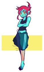 Rule 34 | 1girl, bandages, blue skin, caribun, colored sclera, colored skin, crossed arms, full body, leg wrap, monster girl, pants, ponytail, red hair, sharp teeth, short hair, short ponytail, simple background, solo, sportswear, tank top, teeth, track pants, undertale, undyne, white background, yellow eyes, yellow sclera, aged down