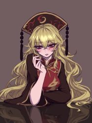 Rule 34 | 1girl, blonde hair, blush, breasts, brown background, chinese clothes, crescent, elbows on table, hat, highres, junko (touhou), long hair, looking at viewer, medium breasts, miata (miata8674), parted lips, red eyes, reflection, simple background, solo, tabard, touhou, upper body, very long hair, wide sleeves