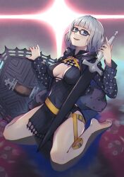 Rule 34 | 1girl, barefoot, belt, belt buckle, black-framed eyewear, black dress, blue eyes, bob cut, breasts, buckle, cleavage, cleavage cutout, clothing cutout, commentary request, covered navel, dress, fate/grand order, fate (series), glasses, grey hair, highres, holding, holding shield, holding sword, holding weapon, hood, hood down, jacques de molay (foreigner) (fate), long sleeves, looking at viewer, medium breasts, nakaga eri, pelvic curtain, sheath, sheathed, shield, short hair, sitting, solo, sword, thighs, toes, tongue, tongue out, wariza, weapon, yellow belt