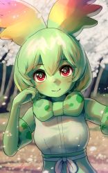 Rule 34 | 1girl, absurdres, blurry, blurry background, bow, bowtie, cellval, colored skin, commentary, day, elbow gloves, gloves, green bow, green bowtie, green gloves, green hair, green skin, hair between eyes, high-waist skirt, highres, kemono friends, looking at viewer, outdoors, red eyes, shirt, signature, skirt, smile, solo, welt (kinsei koutenkyoku), white shirt