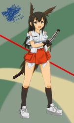 Rule 34 | 1girl, adapted uniform, bad id, bad pixiv id, black hair, brown eyes, commentary, costume combination, dakku (ogitsune), fang, full body, head wings, katana, long hair, military, military uniform, nontraditional miko, original, solo, standing, strike witches, strike witches 1991, sword, tail, uniform, weapon, wings, world witches series