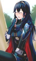 Rule 34 | 1girl, ameno (a meno0), blue hair, cape, closed mouth, elbow gloves, fingerless gloves, fire emblem, fire emblem awakening, forest, gloves, laughing, long hair, lucina (fire emblem), nature, nintendo, open mouth, outdoors, sitting, smile, solo, tent, tiara, tree