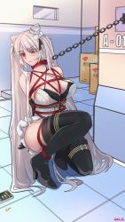 Rule 34 | 1girl, alternate breast size, arms behind back, artist name, azur lane, bdsm, black footwear, black gloves, blush, bondage, boots, bound, box, breasts, chain, chain leash, cleavage, collar, collar chain (jewelry), elbow gloves, floor, frogtie, gloves, goblin003, hair between eyes, hair ornament, hairclip, high heel boots, high heels, highres, key, kiev (azur lane), kneeling, large breasts, leash, long hair, looking away, on one knee, open mouth, parted lips, phone wallpaper, red collar, red eyes, red ribbon, restrained, ribbon, silver hair, simple background, slave, solo, very long hair, wallpaper